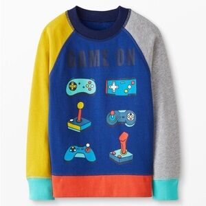Hanna Andersson Blue Yellow Gray Colorblock "Game On" Crewneck. Size 6-7